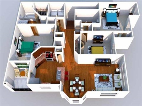 A 3D floor plan of a house showing a kitchen, living room, and bedrooms.